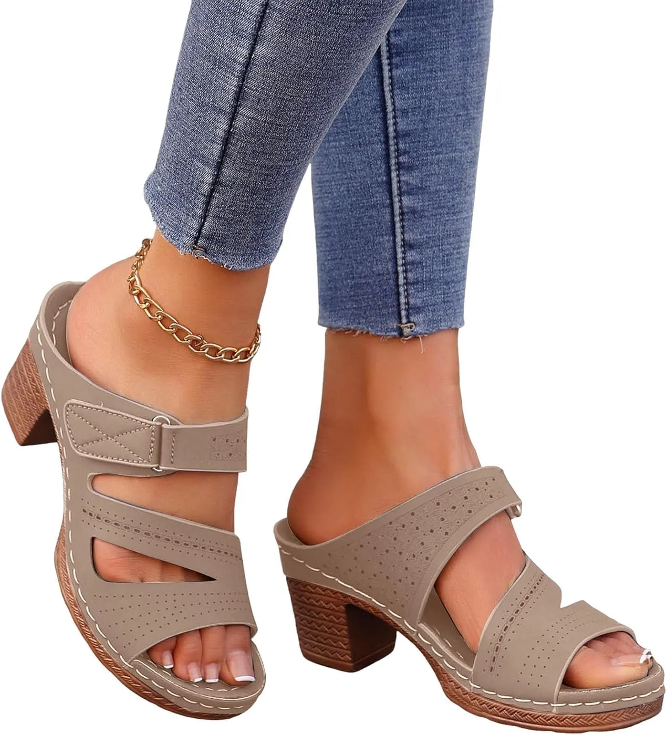 Block Heel Sandals for Women 2025,Women's Heeled Womens Chunky Mid Heels Ankle Strap Double Buckle Sandal Open Toe Slip-On Slippers Casual Comfortable Summer Mules Adjustable Slide Walking Shoes