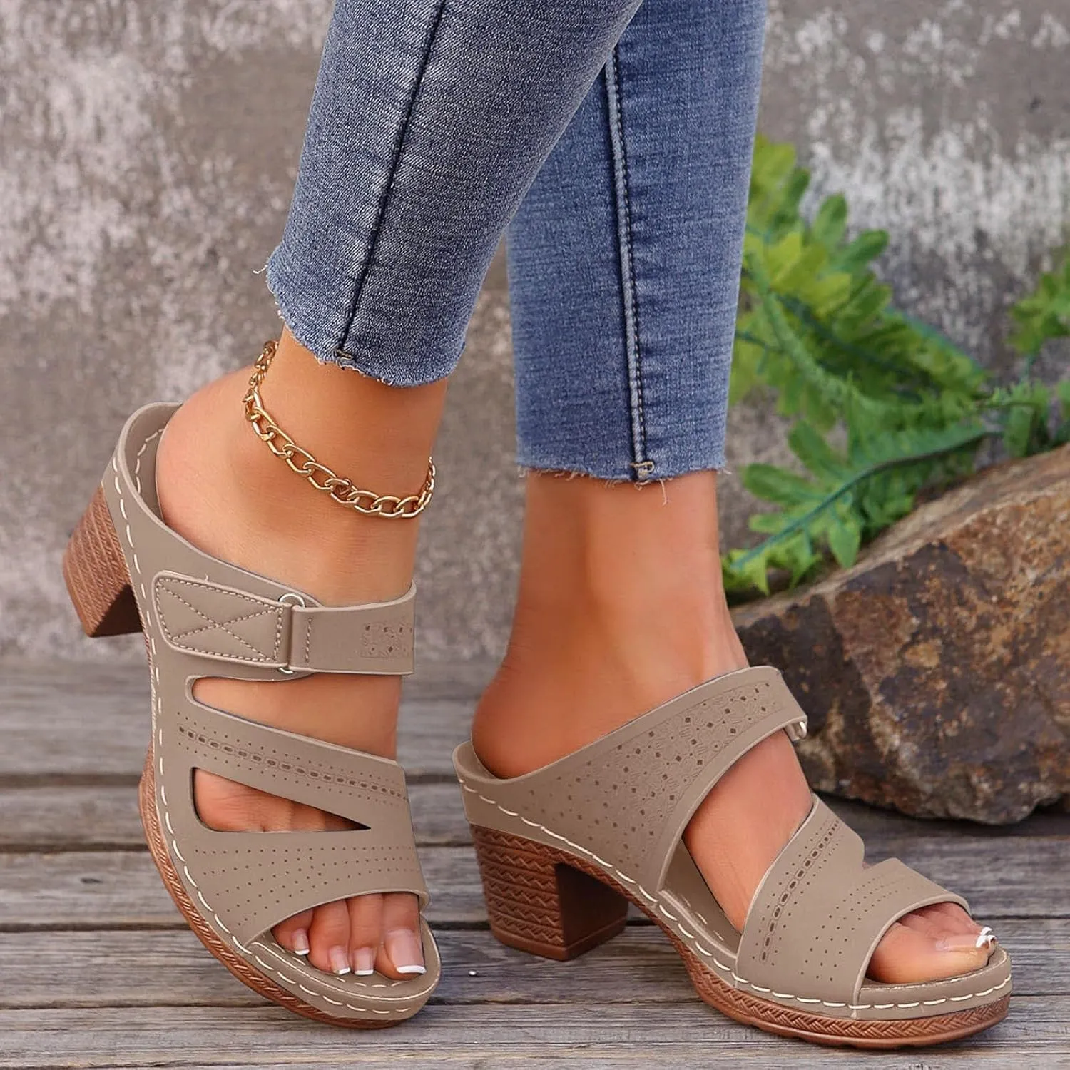 Block Heel Sandals for Women 2025,Women's Heeled Womens Chunky Mid Heels Ankle Strap Double Buckle Sandal Open Toe Slip-On Slippers Casual Comfortable Summer Mules Adjustable Slide Walking Shoes