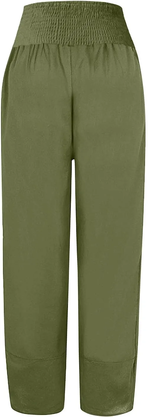 BZGTZT Cotton Linen Capri Pants for Women Summer Elastic High Waist Cropped Comfy Baggy Trousers with Pockets Lounge Pants
