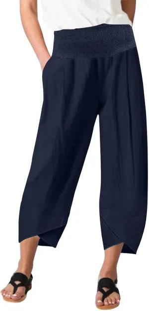 BZGTZT Cotton Linen Capri Pants for Women Summer Elastic High Waist Cropped Comfy Baggy Trousers with Pockets Lounge Pants