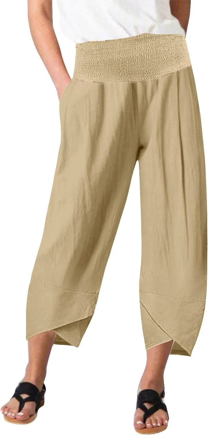 BZGTZT Cotton Linen Capri Pants for Women Summer Elastic High Waist Cropped Comfy Baggy Trousers with Pockets Lounge Pants