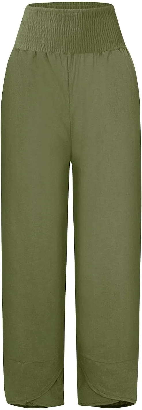 BZGTZT Cotton Linen Capri Pants for Women Summer Elastic High Waist Cropped Comfy Baggy Trousers with Pockets Lounge Pants