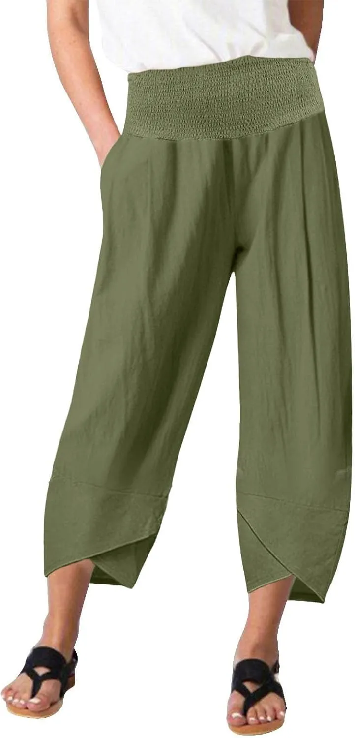 BZGTZT Cotton Linen Capri Pants for Women Summer Elastic High Waist Cropped Comfy Baggy Trousers with Pockets Lounge Pants