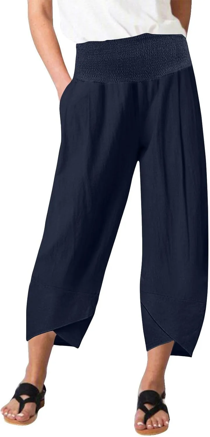BZGTZT Cotton Linen Capri Pants for Women Summer Elastic High Waist Cropped Comfy Baggy Trousers with Pockets Lounge Pants