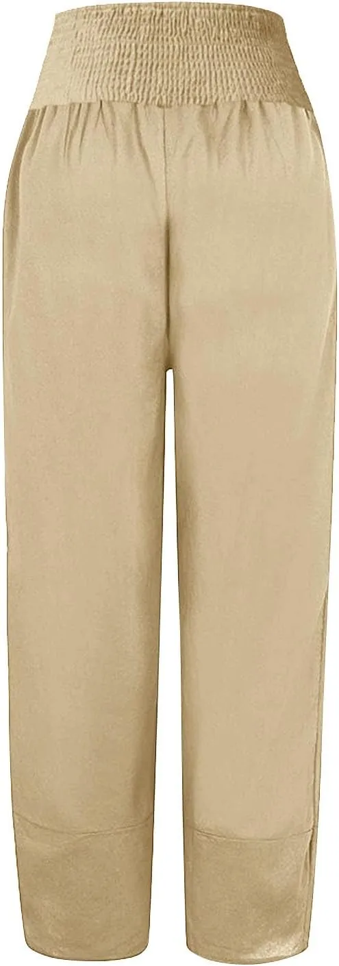 BZGTZT Cotton Linen Capri Pants for Women Summer Elastic High Waist Cropped Comfy Baggy Trousers with Pockets Lounge Pants