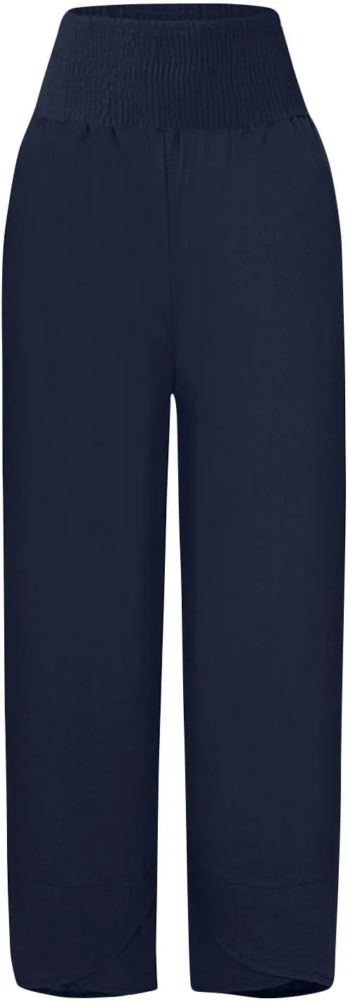 BZGTZT Cotton Linen Capri Pants for Women Summer Elastic High Waist Cropped Comfy Baggy Trousers with Pockets Lounge Pants