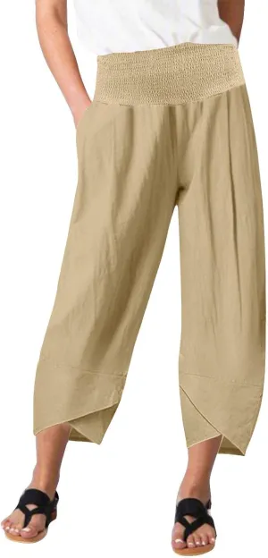 BZGTZT Cotton Linen Capri Pants for Women Summer Elastic High Waist Cropped Comfy Baggy Trousers with Pockets Lounge Pants
