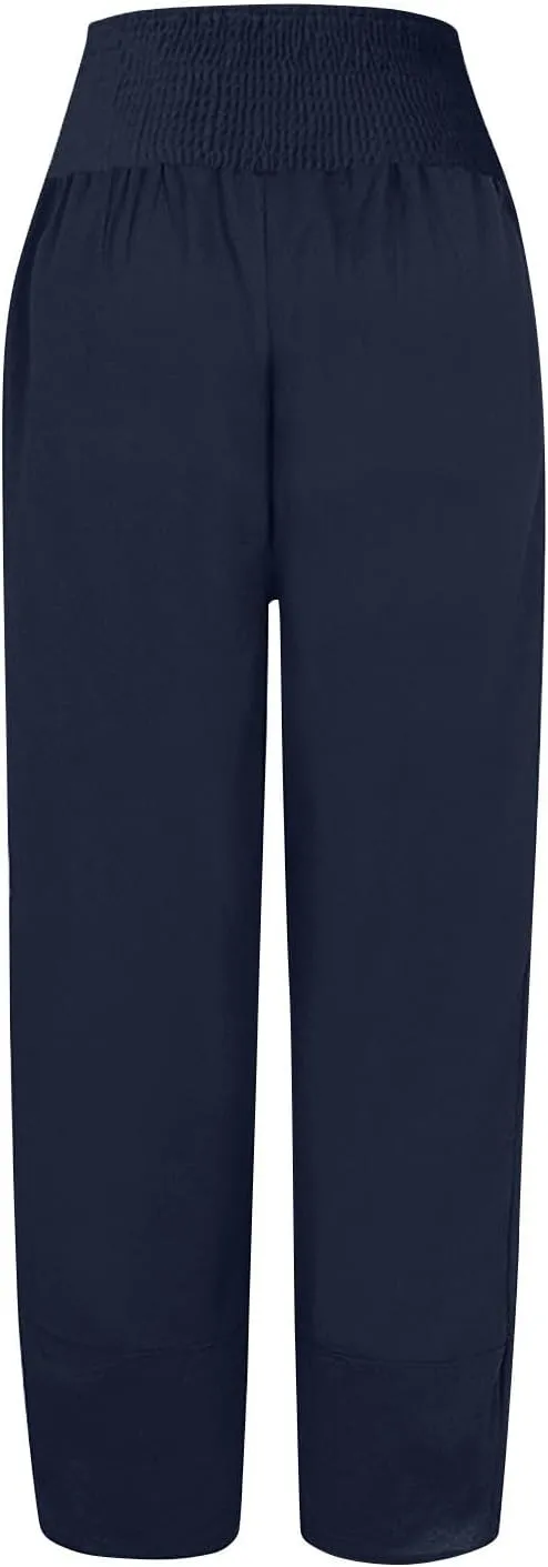 BZGTZT Cotton Linen Capri Pants for Women Summer Elastic High Waist Cropped Comfy Baggy Trousers with Pockets Lounge Pants