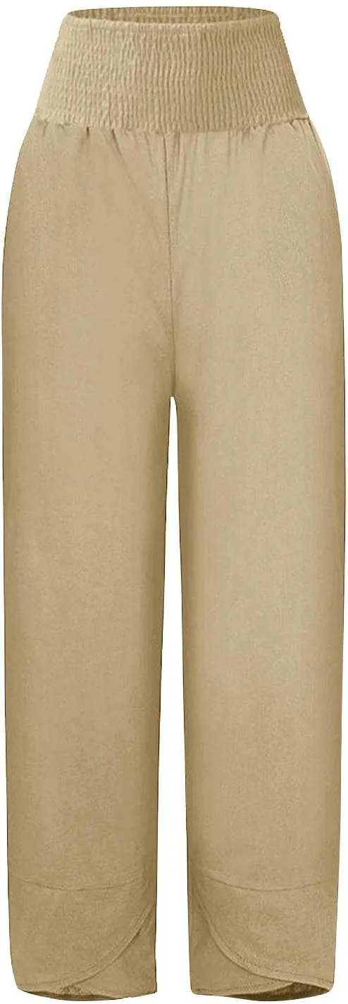 BZGTZT Cotton Linen Capri Pants for Women Summer Elastic High Waist Cropped Comfy Baggy Trousers with Pockets Lounge Pants