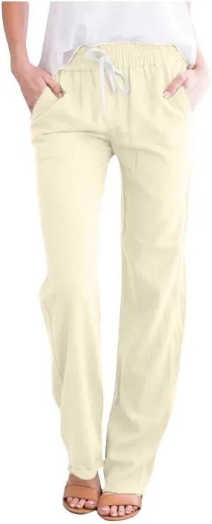 BZGTZT Cotton Linen Pants for Women Casual 2024 Summer Drawstring Elastic High Waist Pants Straight Wide Leg Trousers