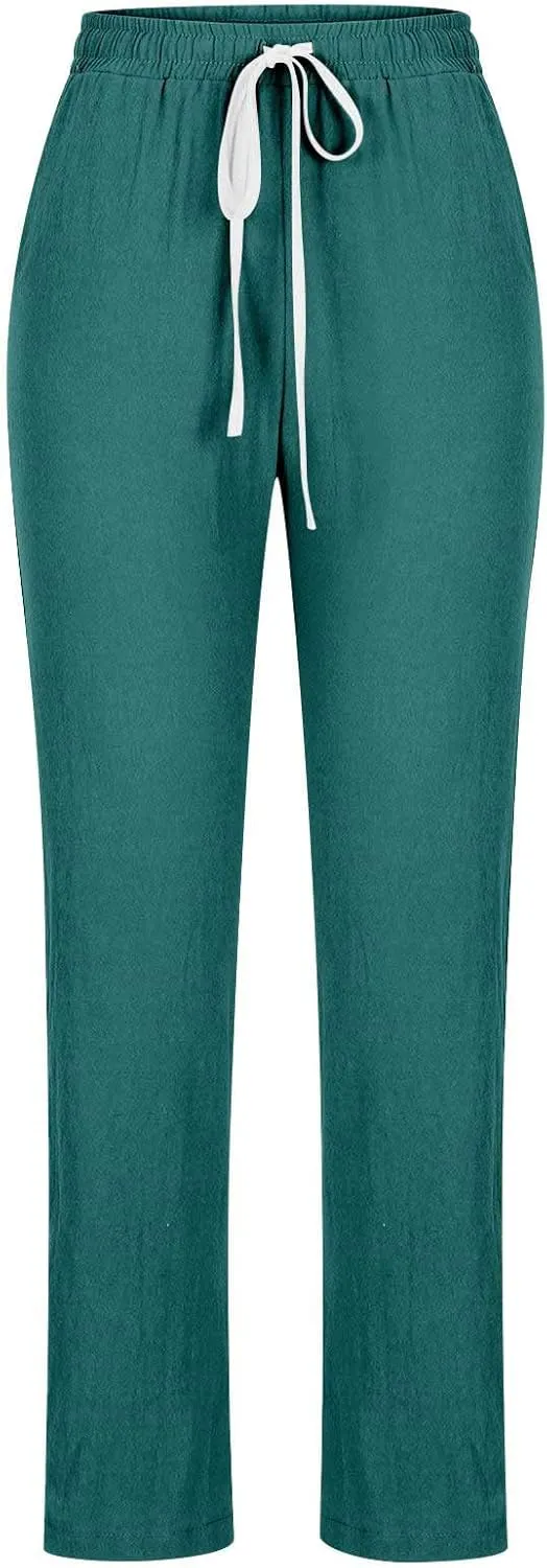 BZGTZT Cotton Linen Pants for Women Casual 2024 Summer Drawstring Elastic High Waist Pants Straight Wide Leg Trousers