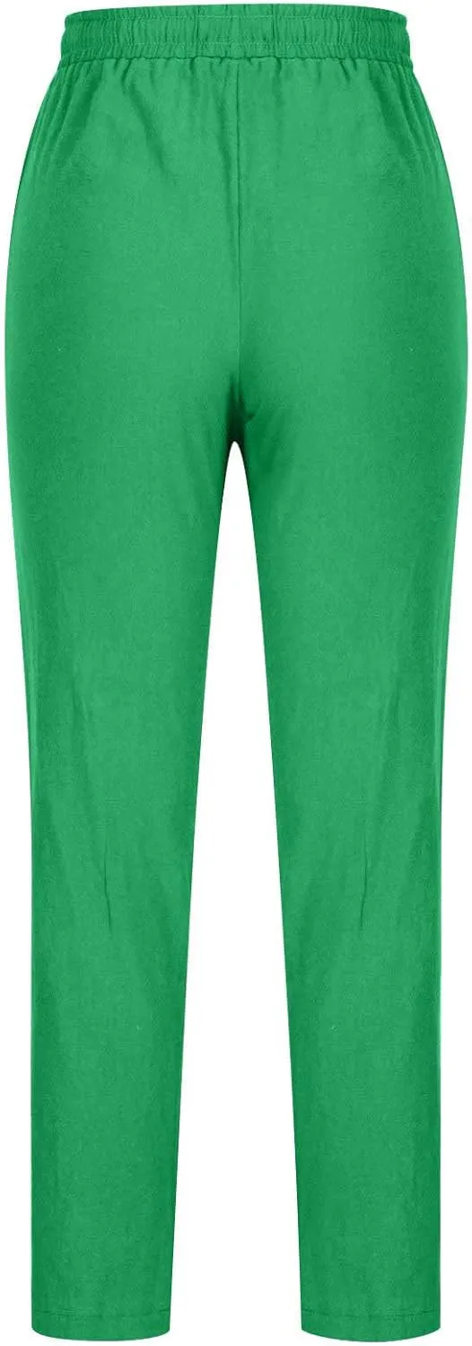 BZGTZT Cotton Linen Pants for Women Casual 2024 Summer Drawstring Elastic High Waist Pants Straight Wide Leg Trousers