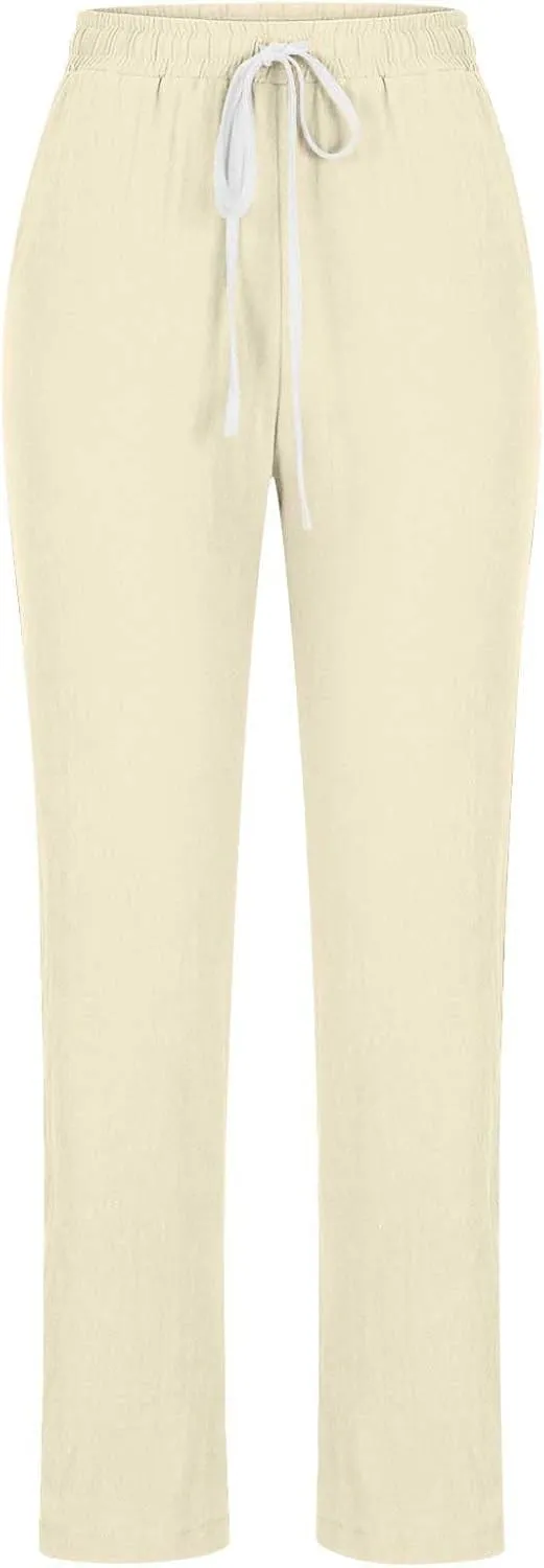 BZGTZT Cotton Linen Pants for Women Casual 2024 Summer Drawstring Elastic High Waist Pants Straight Wide Leg Trousers