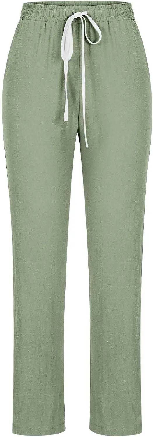 BZGTZT Cotton Linen Pants for Women Casual 2024 Summer Drawstring Elastic High Waist Pants Straight Wide Leg Trousers