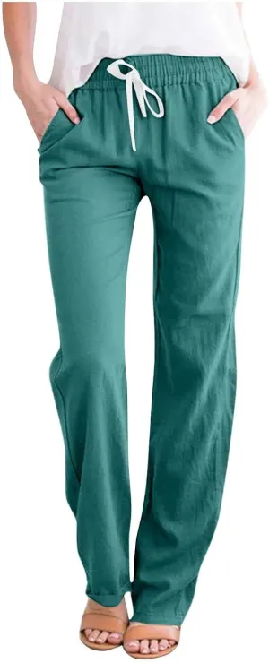 BZGTZT Cotton Linen Pants for Women Casual 2024 Summer Drawstring Elastic High Waist Pants Straight Wide Leg Trousers