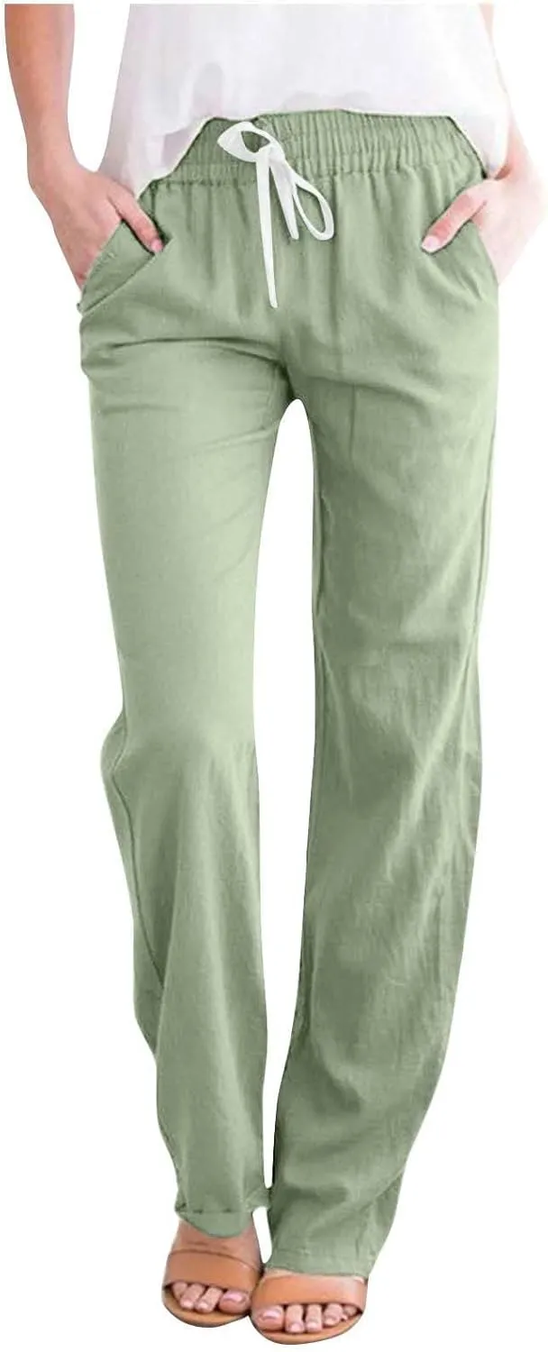 BZGTZT Cotton Linen Pants for Women Casual 2024 Summer Drawstring Elastic High Waist Pants Straight Wide Leg Trousers