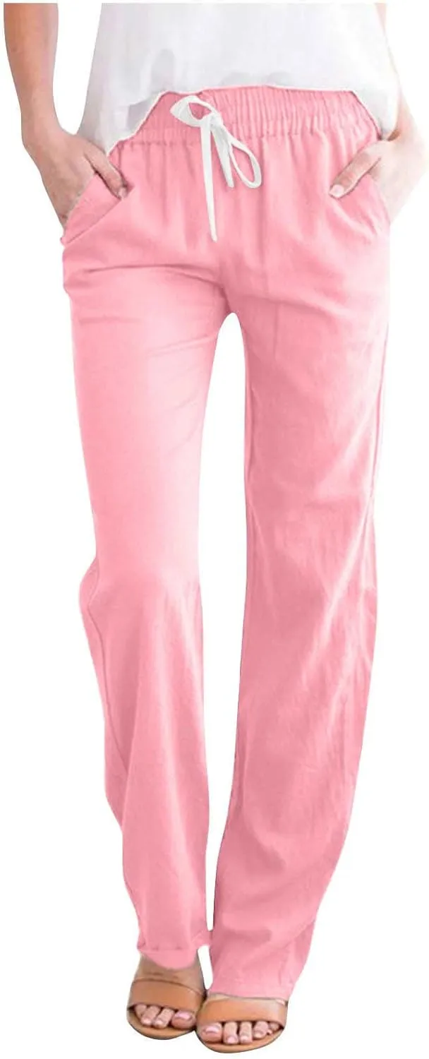 BZGTZT Cotton Linen Pants for Women Casual 2024 Summer Drawstring Elastic High Waist Pants Straight Wide Leg Trousers
