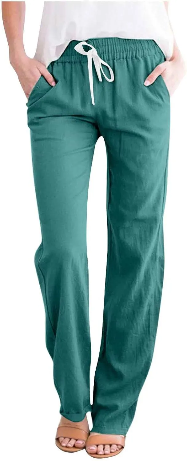 BZGTZT Cotton Linen Pants for Women Casual 2024 Summer Drawstring Elastic High Waist Pants Straight Wide Leg Trousers