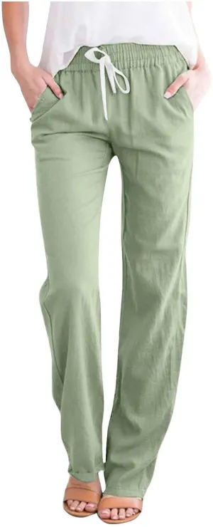 BZGTZT Cotton Linen Pants for Women Casual 2024 Summer Drawstring Elastic High Waist Pants Straight Wide Leg Trousers
