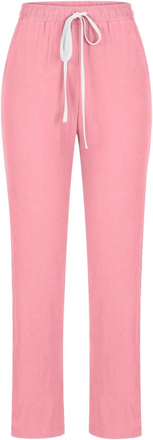 BZGTZT Cotton Linen Pants for Women Casual 2024 Summer Drawstring Elastic High Waist Pants Straight Wide Leg Trousers