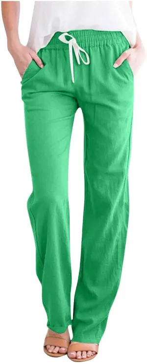 BZGTZT Cotton Linen Pants for Women Casual 2024 Summer Drawstring Elastic High Waist Pants Straight Wide Leg Trousers