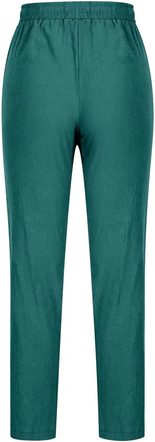 BZGTZT Cotton Linen Pants for Women Casual 2024 Summer Drawstring Elastic High Waist Pants Straight Wide Leg Trousers