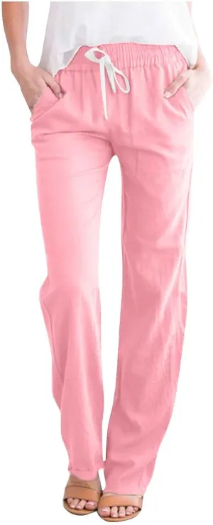 BZGTZT Cotton Linen Pants for Women Casual 2024 Summer Drawstring Elastic High Waist Pants Straight Wide Leg Trousers