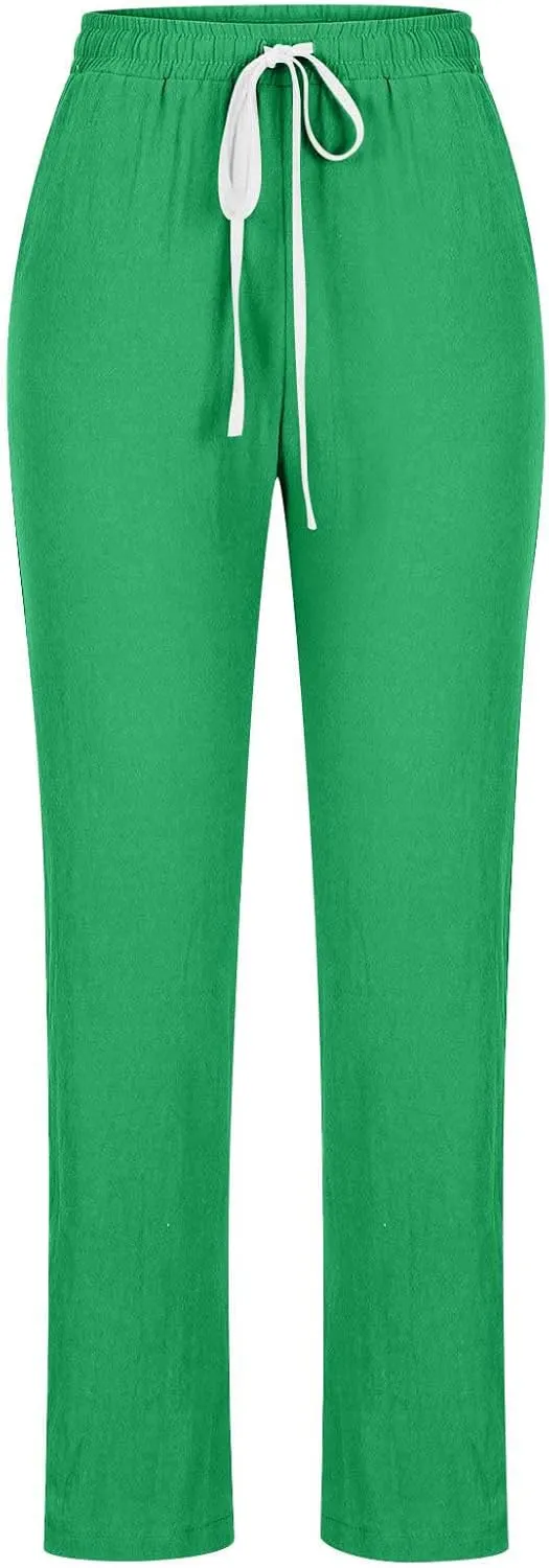 BZGTZT Cotton Linen Pants for Women Casual 2024 Summer Drawstring Elastic High Waist Pants Straight Wide Leg Trousers