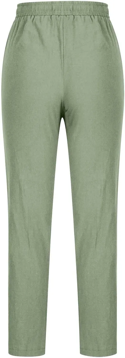 BZGTZT Cotton Linen Pants for Women Casual 2024 Summer Drawstring Elastic High Waist Pants Straight Wide Leg Trousers