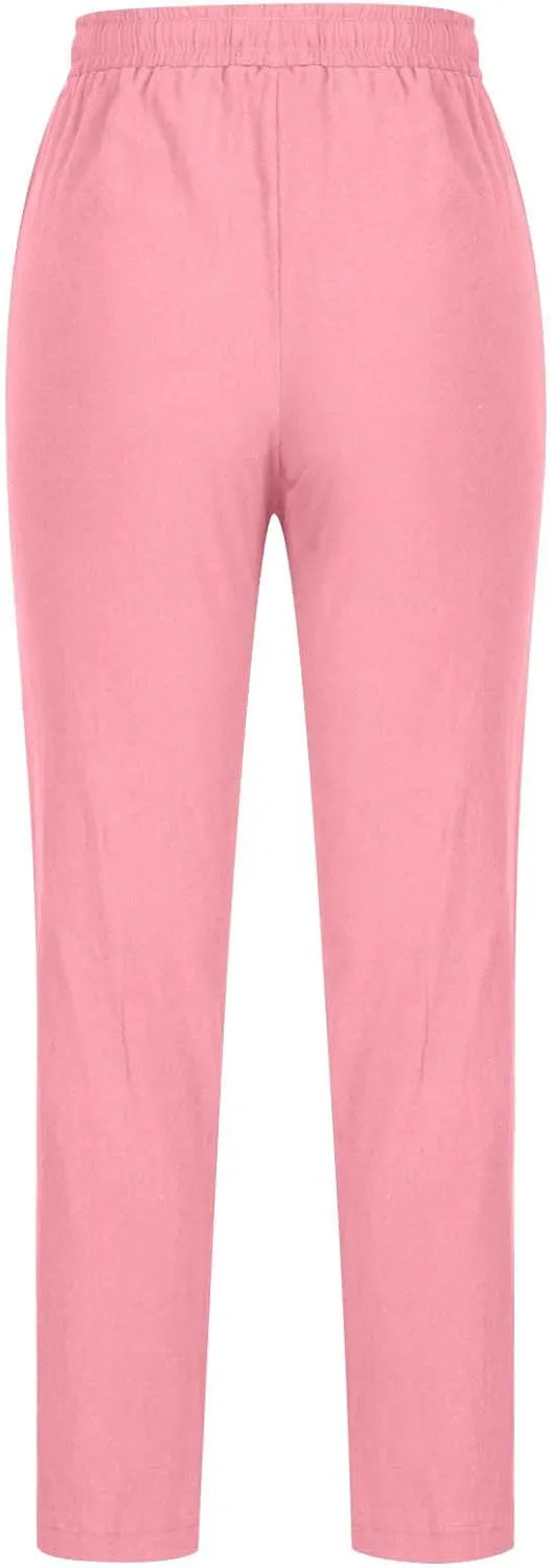 BZGTZT Cotton Linen Pants for Women Casual 2024 Summer Drawstring Elastic High Waist Pants Straight Wide Leg Trousers