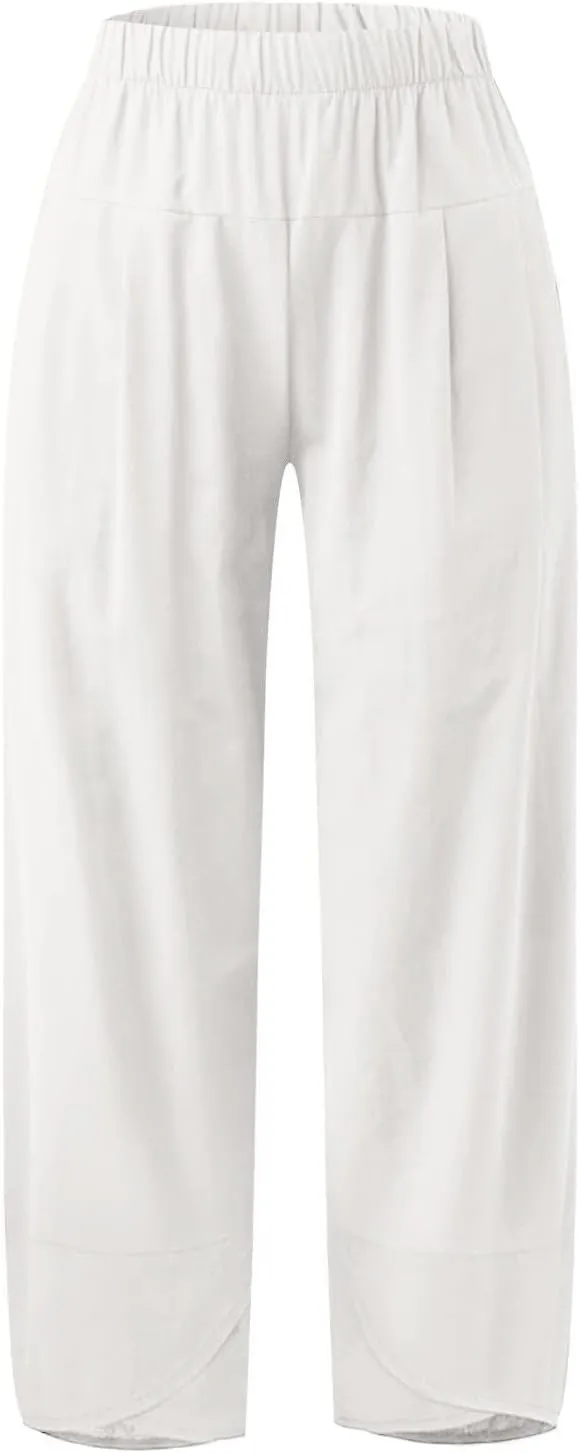 BZGTZT Cotton Linen Pants for Women Summer Lightweight Elastic High Waist Capri Pants Comfy Cropped Trousers with Pockets