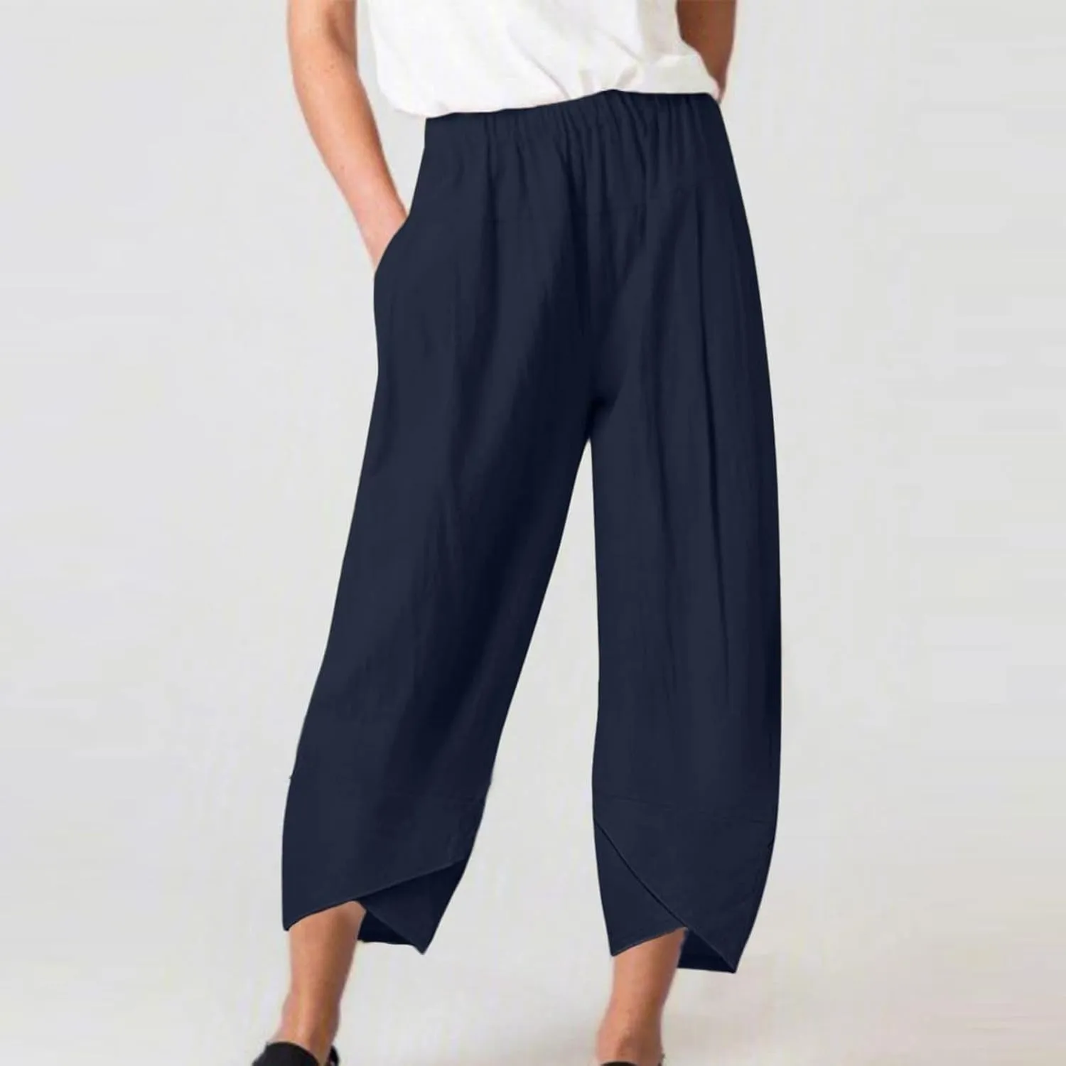 BZGTZT Cotton Linen Pants for Women Summer Lightweight Elastic High Waist Capri Pants Comfy Cropped Trousers with Pockets