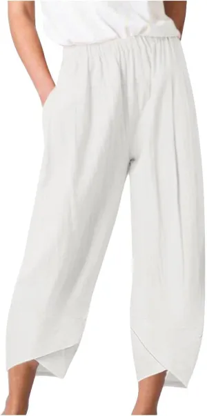 BZGTZT Cotton Linen Pants for Women Summer Lightweight Elastic High Waist Capri Pants Comfy Cropped Trousers with Pockets