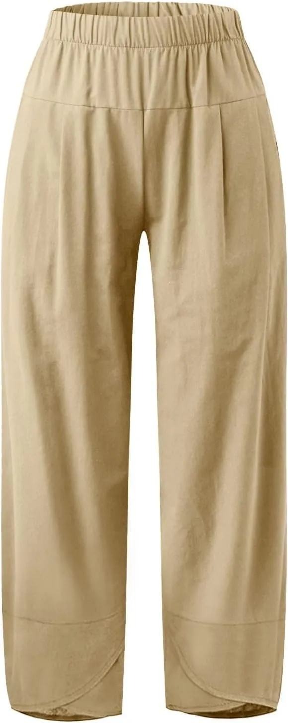 BZGTZT Cotton Linen Pants for Women Summer Lightweight Elastic High Waist Capri Pants Comfy Cropped Trousers with Pockets