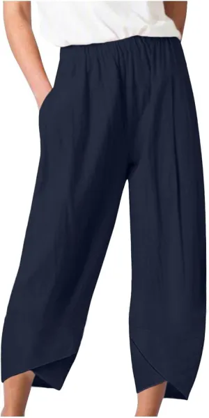 BZGTZT Cotton Linen Pants for Women Summer Lightweight Elastic High Waist Capri Pants Comfy Cropped Trousers with Pockets