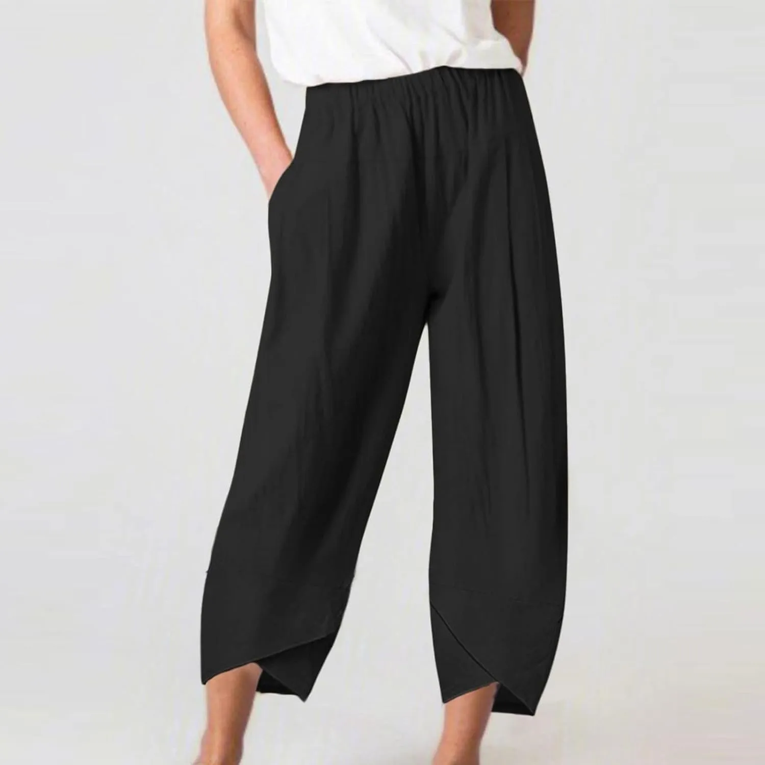 BZGTZT Cotton Linen Pants for Women Summer Lightweight Elastic High Waist Capri Pants Comfy Cropped Trousers with Pockets