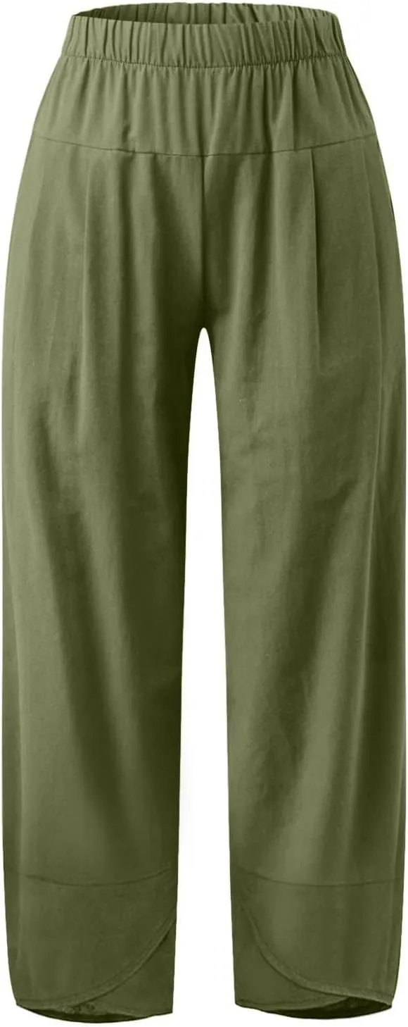 BZGTZT Cotton Linen Pants for Women Summer Lightweight Elastic High Waist Capri Pants Comfy Cropped Trousers with Pockets