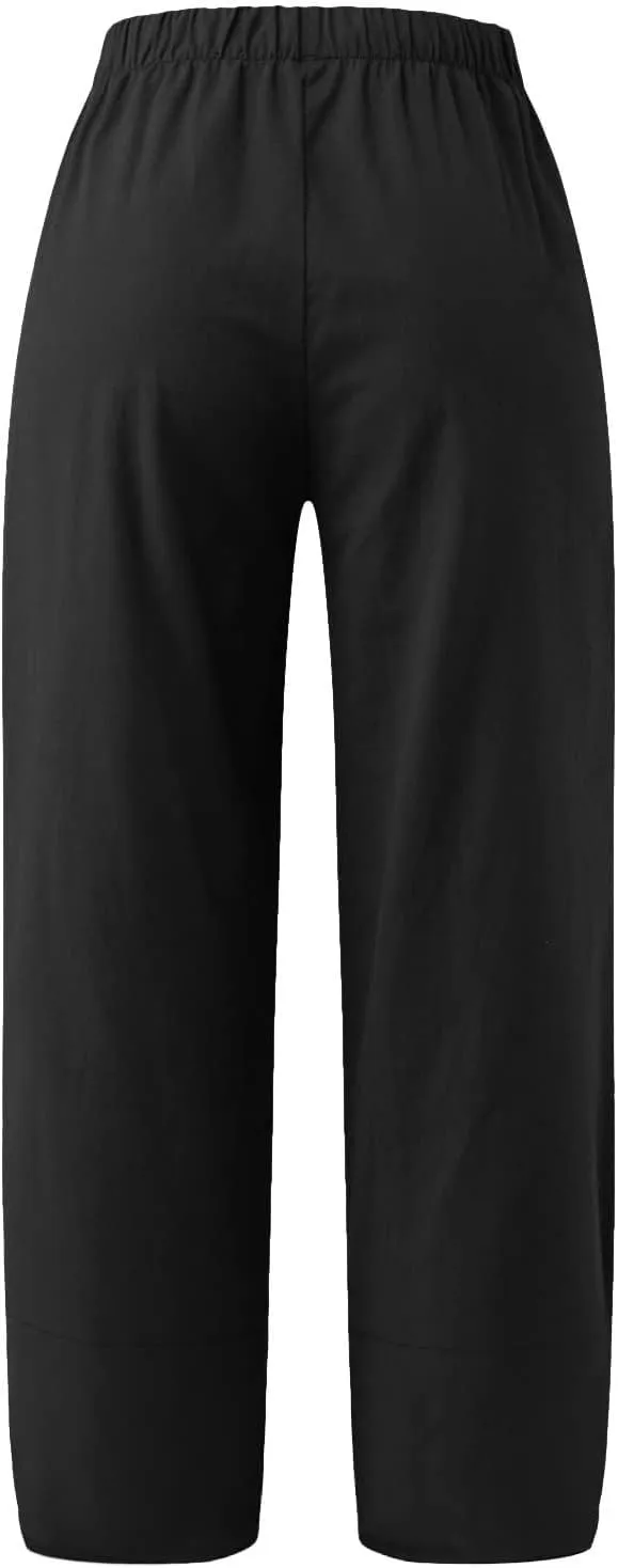 BZGTZT Cotton Linen Pants for Women Summer Lightweight Elastic High Waist Capri Pants Comfy Cropped Trousers with Pockets