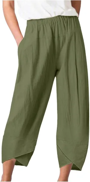 BZGTZT Cotton Linen Pants for Women Summer Lightweight Elastic High Waist Capri Pants Comfy Cropped Trousers with Pockets