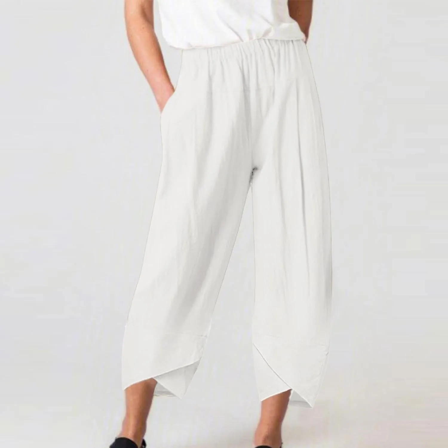 BZGTZT Cotton Linen Pants for Women Summer Lightweight Elastic High Waist Capri Pants Comfy Cropped Trousers with Pockets
