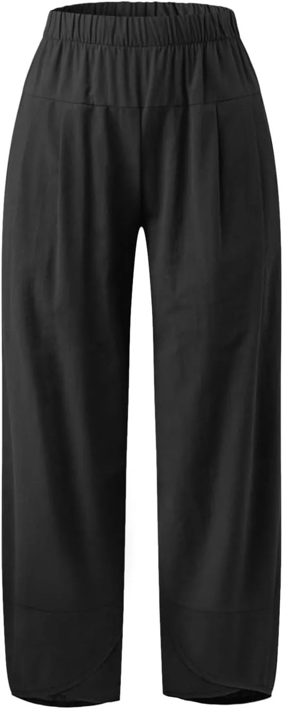 BZGTZT Cotton Linen Pants for Women Summer Lightweight Elastic High Waist Capri Pants Comfy Cropped Trousers with Pockets