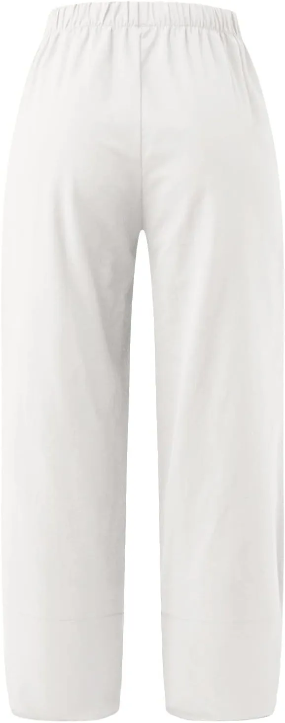 BZGTZT Cotton Linen Pants for Women Summer Lightweight Elastic High Waist Capri Pants Comfy Cropped Trousers with Pockets