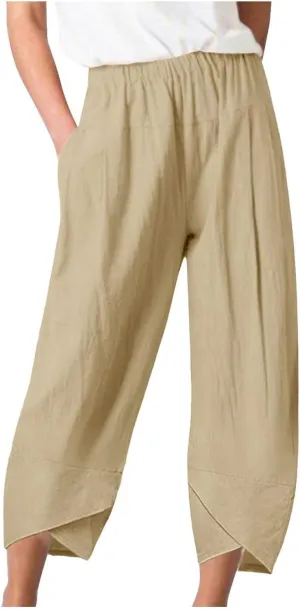 BZGTZT Cotton Linen Pants for Women Summer Lightweight Elastic High Waist Capri Pants Comfy Cropped Trousers with Pockets