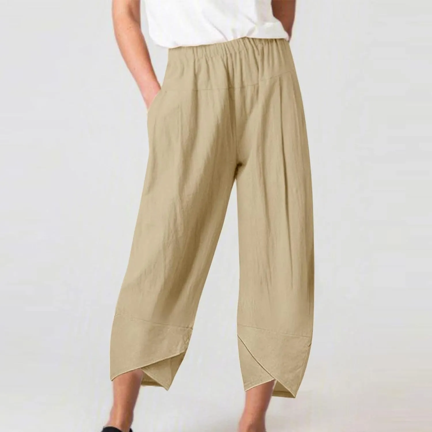 BZGTZT Cotton Linen Pants for Women Summer Lightweight Elastic High Waist Capri Pants Comfy Cropped Trousers with Pockets