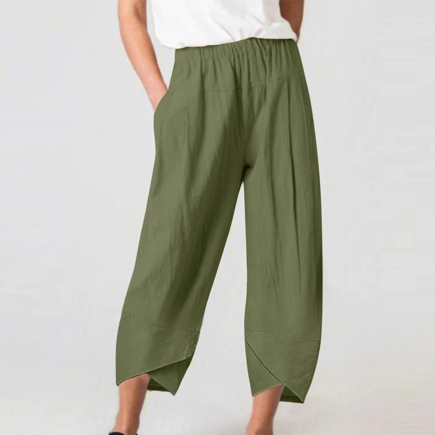 BZGTZT Cotton Linen Pants for Women Summer Lightweight Elastic High Waist Capri Pants Comfy Cropped Trousers with Pockets