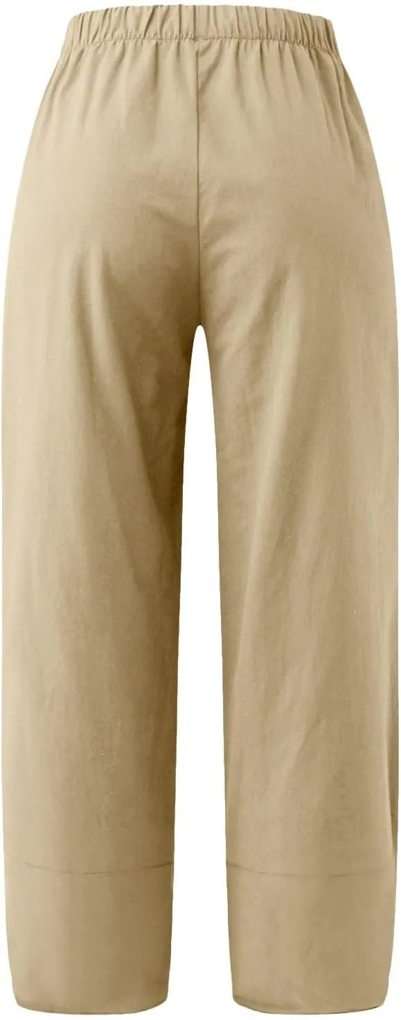 BZGTZT Cotton Linen Pants for Women Summer Lightweight Elastic High Waist Capri Pants Comfy Cropped Trousers with Pockets