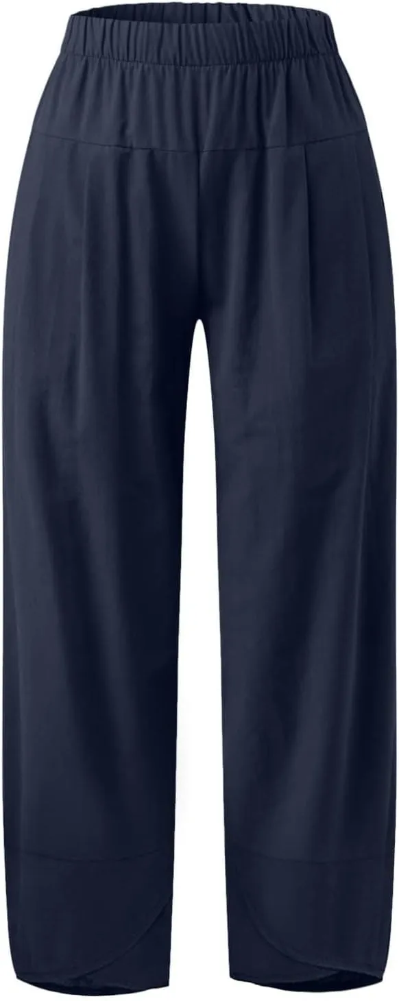 BZGTZT Cotton Linen Pants for Women Summer Lightweight Elastic High Waist Capri Pants Comfy Cropped Trousers with Pockets