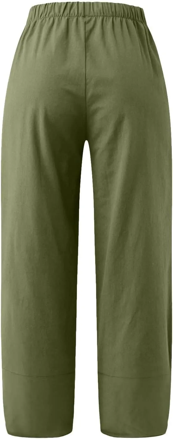 BZGTZT Cotton Linen Pants for Women Summer Lightweight Elastic High Waist Capri Pants Comfy Cropped Trousers with Pockets