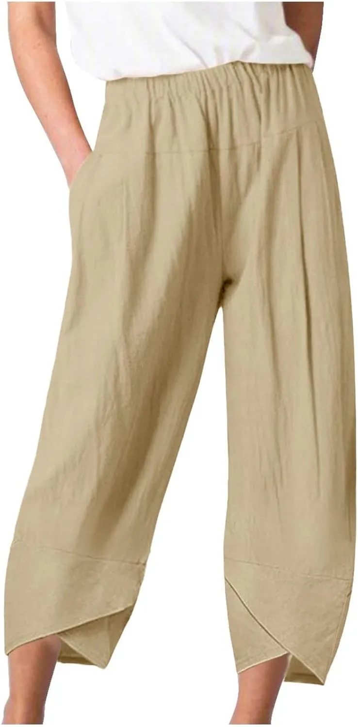 BZGTZT Cotton Linen Pants for Women Summer Lightweight Elastic High Waist Capri Pants Comfy Cropped Trousers with Pockets