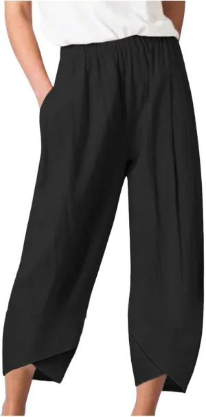 BZGTZT Cotton Linen Pants for Women Summer Lightweight Elastic High Waist Capri Pants Comfy Cropped Trousers with Pockets